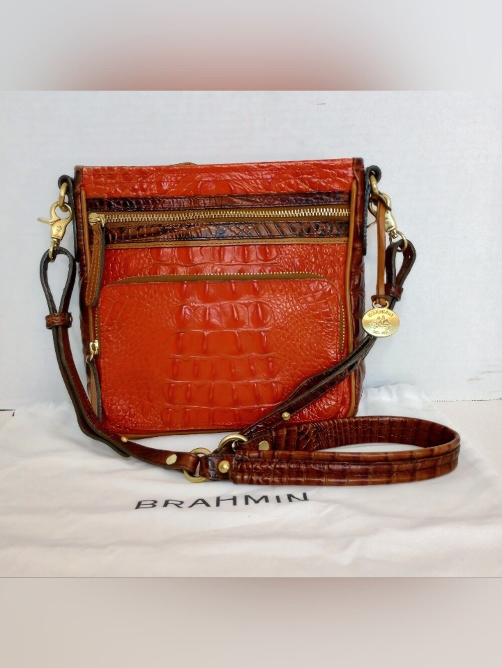 Brahmin Cleo Croc Embossed Leather Crossbody Bag, Built In Wallet, Orange Pecan
